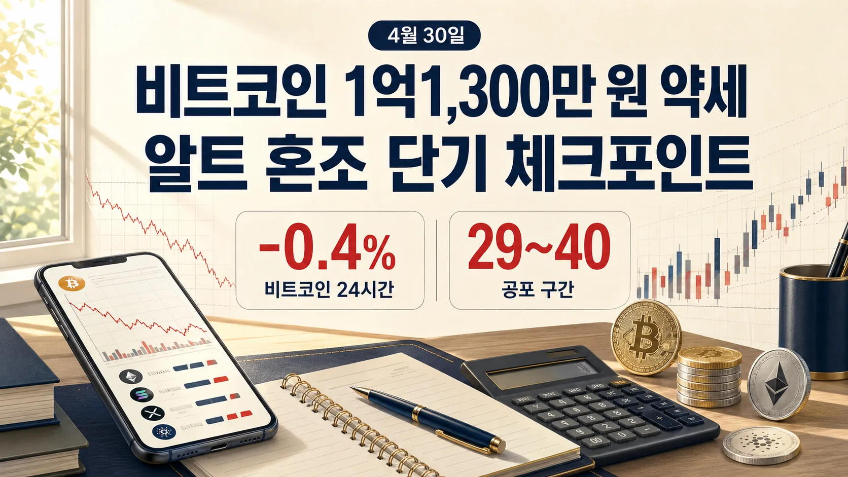 BTC 1억1,300만 원 약세 — 알트 혼조 속 단기 체크포인트